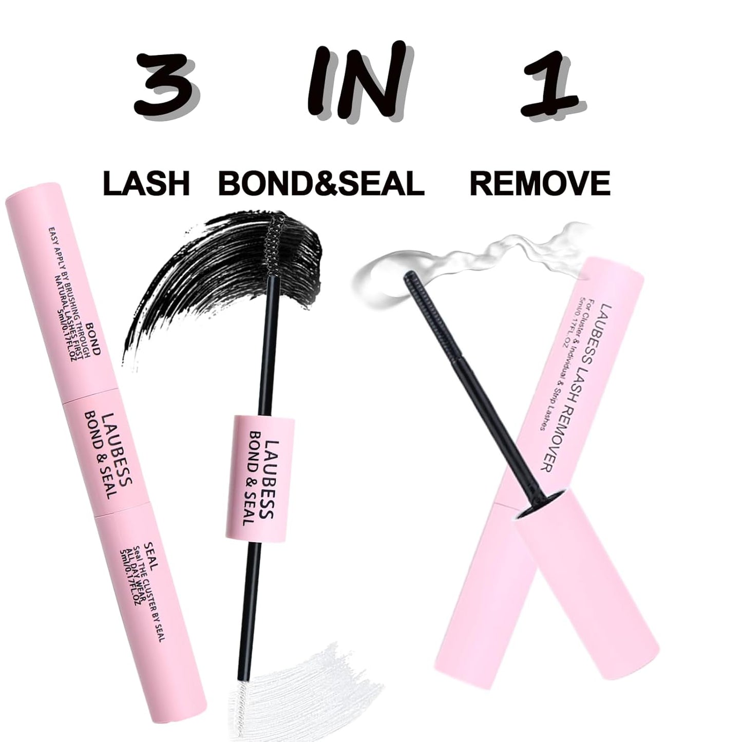 Lash Glue for Eyelash Clusters 3-in-1 Lash Remover for Lash Extensions Eyelash Glue Remover Lash Bond and Seal Waterproof DIY Eyelash Extension Remover 15ml(Black)