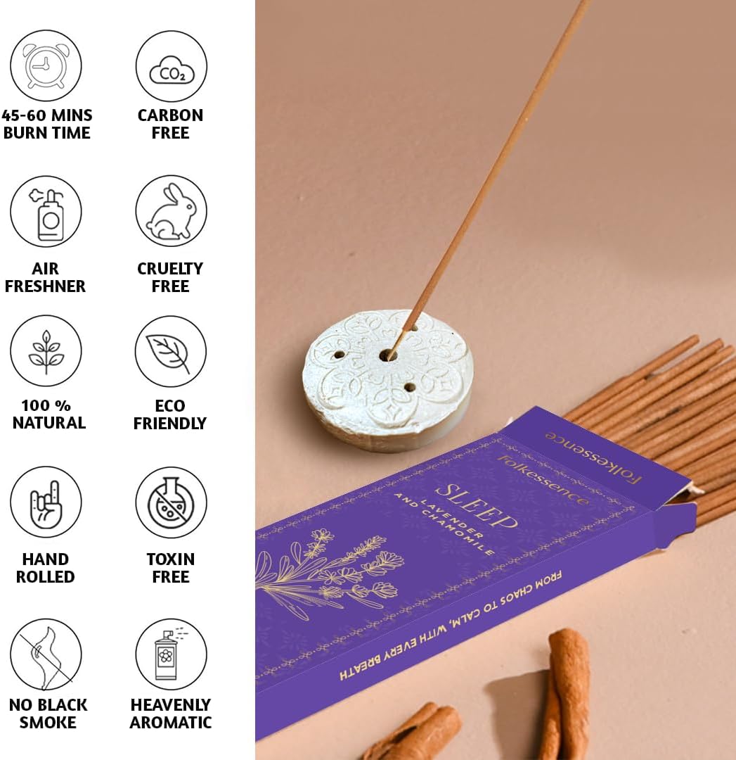 Folkulture Incense Sticks | Set of 100 Insence-Sticks with Holder for Relaxation | Lavender & Chamomile Incense | Organic, Slow Burning & Non Toxic Inscents for Meditation |Relaxing for Sleep