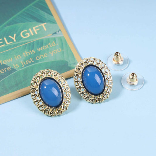 Vintage Oval Blue Gem Earrings Blue Lapis Earrings Antique Halo Oval Earrings Custom Oval Studs Earrings Jewelry for Women and Girls Gifts