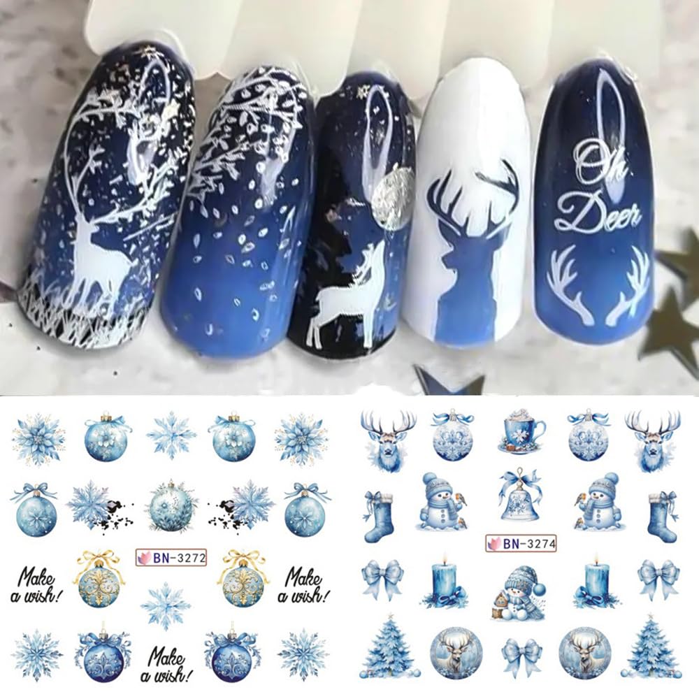 Christmas Nail Art Stickers Decals Winter Snowflake Snowman Acrylic Nail Decals Santa Claus Holographic Water Transfer Nail Foils Cute Gingerbread Man Xmas Tree Elk Penguin Sticker for Women DIY Nails
