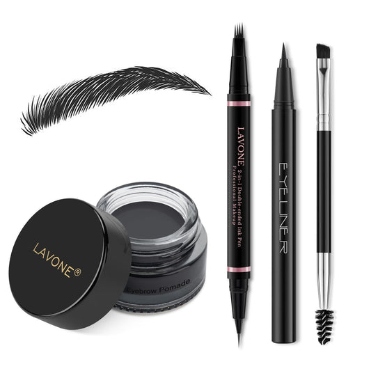 LAVONE Eyebrow Pencil Makeup Kit, with Waterproof 2-IN-1 Microblading Eyebrow Pen, Eyebrow Pomade, Eyeliner and Dual-ended Eyebrow Brush, Brow Pencil Kit for Natural Eyebrows - Black