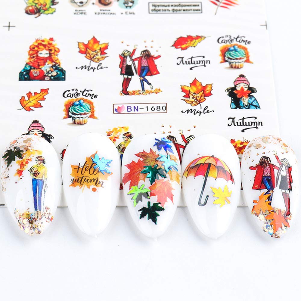 Fall Nail Stickers Autumn Maple Leaf Nail Art Decals Thanksgiving Day Water Decal Transfer Slider Set Turkey Pumpkin Nail Art Foil Stickers Nail Supplies Accessories Decoration Manicure Tips 12 Design