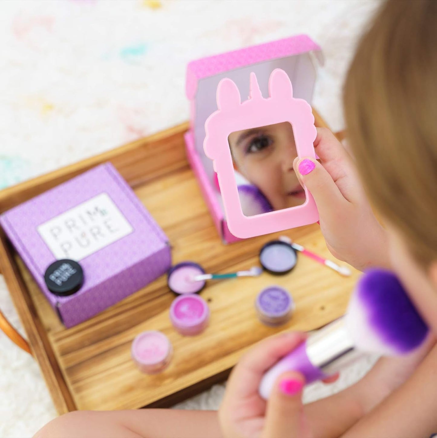 Prim and Pure Mineral Gift Set with Unicorn Mirror| Perfect for Play Dates & Birthday Parties | Kids Eyeshadow Makeup – Mineral Blush | Organic & Natural Makeup Kit for Kids| Made in USA (Pink)