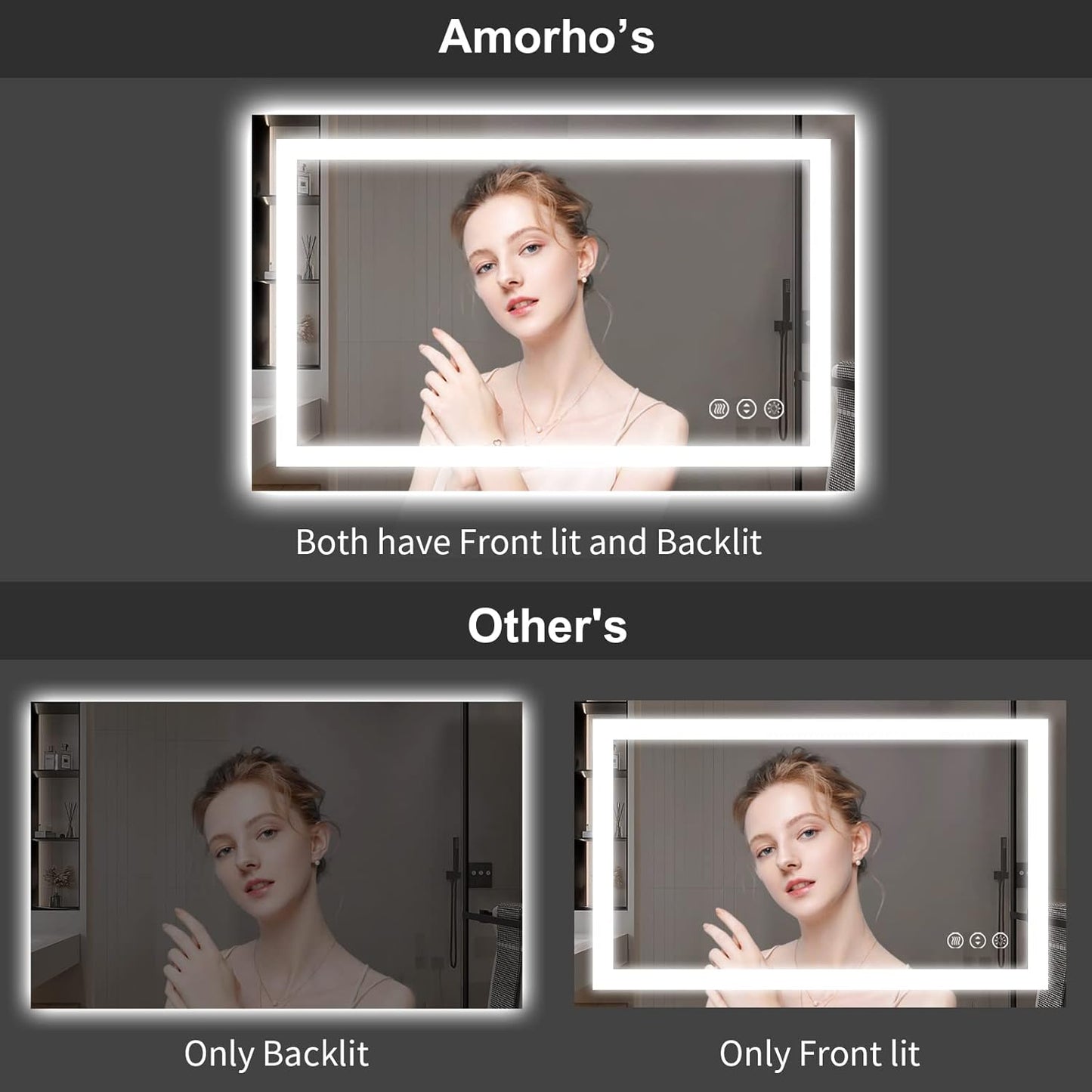 Amorho LED Bathroom Mirror 55" X30", Front Light and Backlit Vanity Mirror, Dimmable Bathroom Mirrors for Wall, Anti-Fog, Memory, 3 Colors, Double LED Lights, Shatter-Proof, ETL Listed