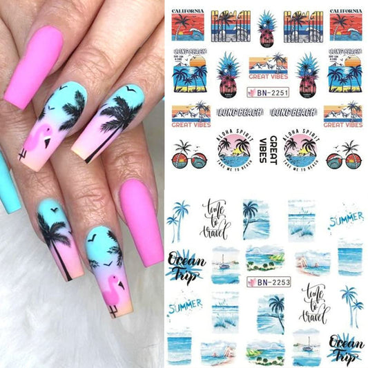 Summer Nail Art Stickers Water Transfer Summer Nail Decals for Nails Art Supplies Coconut Tree Ocean Beach Tropical Style Design Acrylic Nail Stickers for Women DIY Nail Art Accessories 12 Sheets