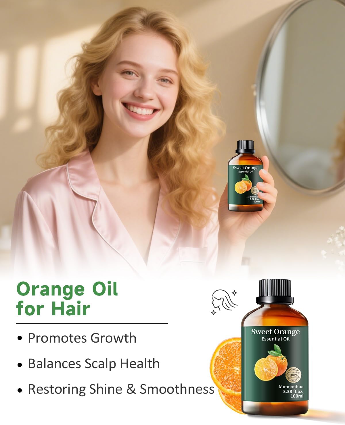 Orange Essential Oil Pure,Mumianhua Natural Sweet Orange Oil for Diffuser, Humidifier, Air Purifier, Skin,Home, Soap, Candle Making, Room Spray, Cleaning 3.38Fl Oz