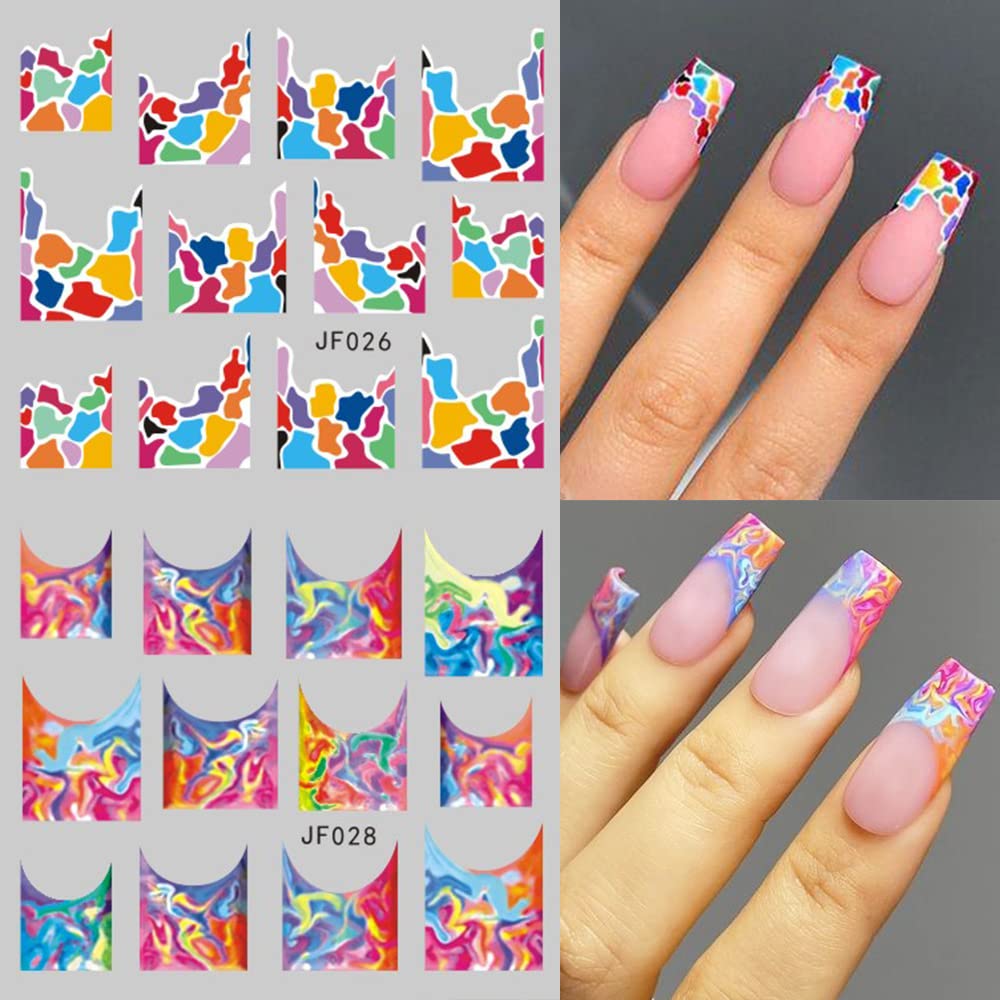 12 Sheets Colorful Stripes Nail Art Stickers Geometric Rainbow Wave Design Water Transfer Nail Decals for Nails Art Abstract French Pattern Acrylic Slider Nail Foils for Women Manicure Nail Decor