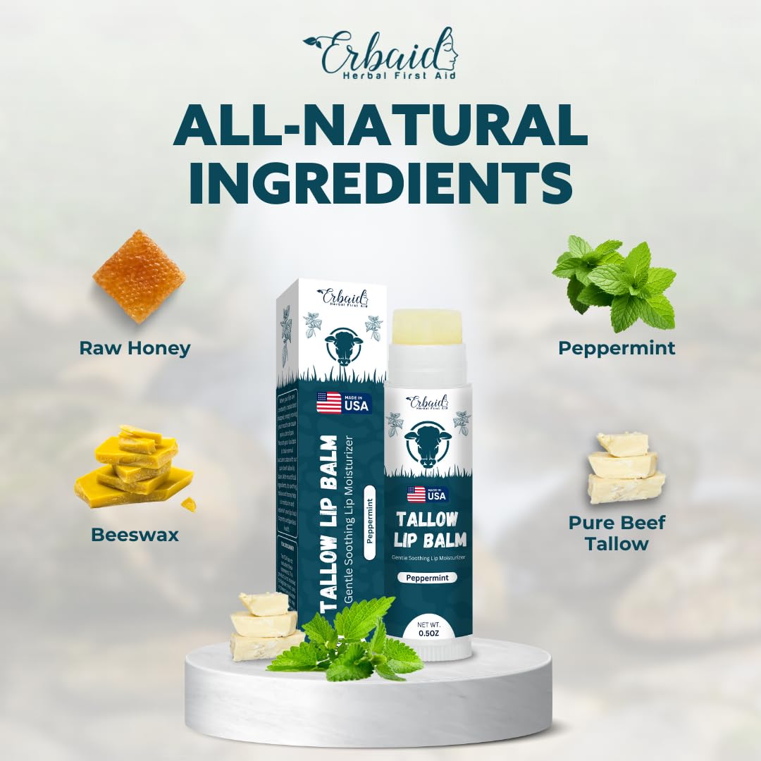 Beef Tallow Lip Balm – Natural Tallow Beeswax Chapstick – Hydrating Moisturizer Grass Fed Bison Tallow Balm Lip Care – Soothes Chapped, Dry Lips, Sensitive Skin – Long Lasting & Vitamin Rich USA-Made