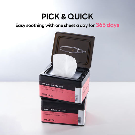 Mediheal Derma 365 Collagen Mask (30 Masks) - Daily Skin Care Mask for Firm Moisturizing to Lift Skin with Collagen Active 3X
