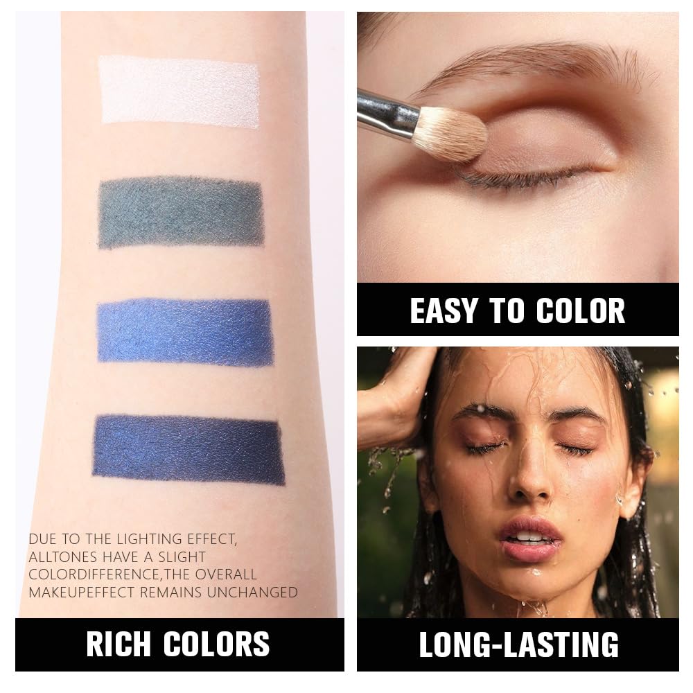 Kaely Powder Eyeshadow Quad, Blue Green Glitter Shimmer Eyeshadow Palette Makeup, Neutral Eye Shadow Palette for Older Women Pigmented Waterproof, sombras para ojos, Blendable, Cruelty-free, 08