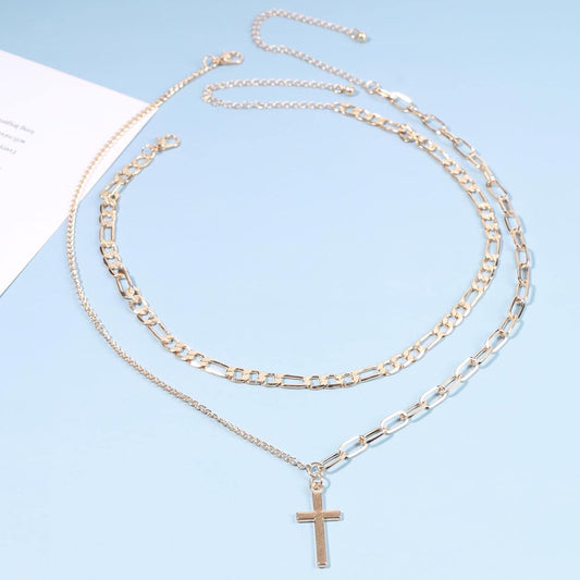 Vintage Layered Cross Necklace Choker Gold Cross Pendant Necklace Figaro Chain Necklace Layering Chunky Chain Choker Necklace Religious Jewelry for Women and Girls
