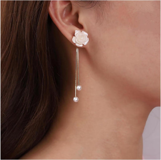 Vintage Flower Pearl Drop Earrings Long Tassel Pearl Earrings White Camellia Stud Earring Gold Pearl Chain Dangle Earrings Jewelry for Women