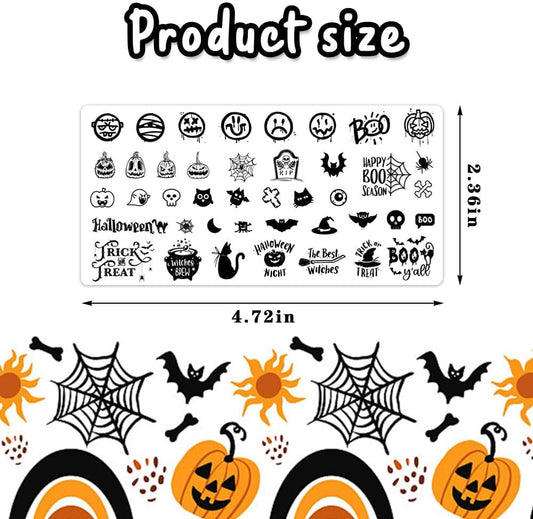 ALIBBON 6 Pcs Halloween Nail Stamping Plates Set, Spider Web Pumpkin Background Nail Art Stamp Templates, Bat Ghost Stamp Templates Kit, Castle Grave Metal Nail Plates for DIY Printing Decor