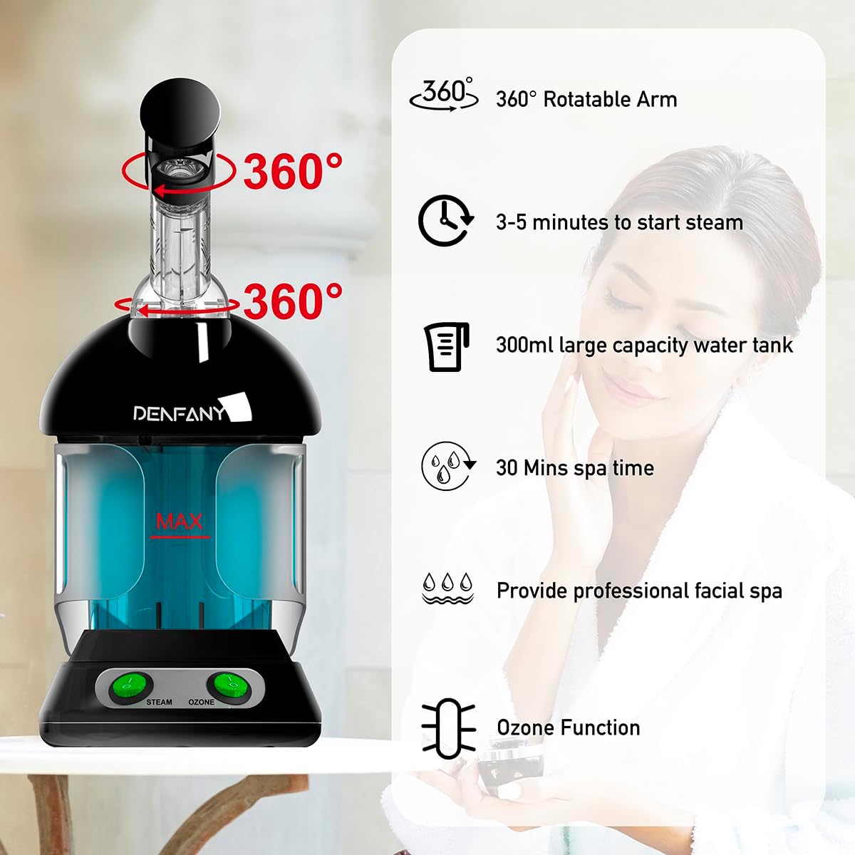 Facial Steamer - DENFANY Nano Ionic Face Steamer with Extendable 360° Rotating Arm - Portable Facial Steamer for Personal Care at Home or Salo (Black)