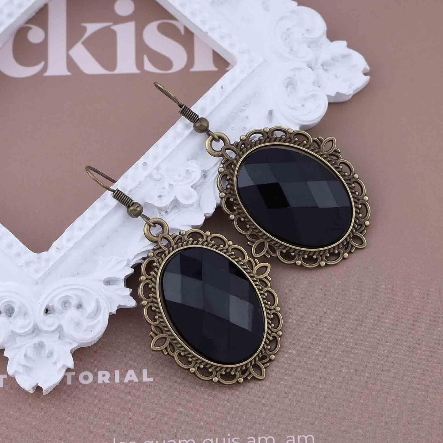 Vintage Black Crystal Drop Earrings Oval Onyx Dangle Earrings Large Onyx Stud Earrings Black Gem Hook Earrings Jewelry for Women and Girls