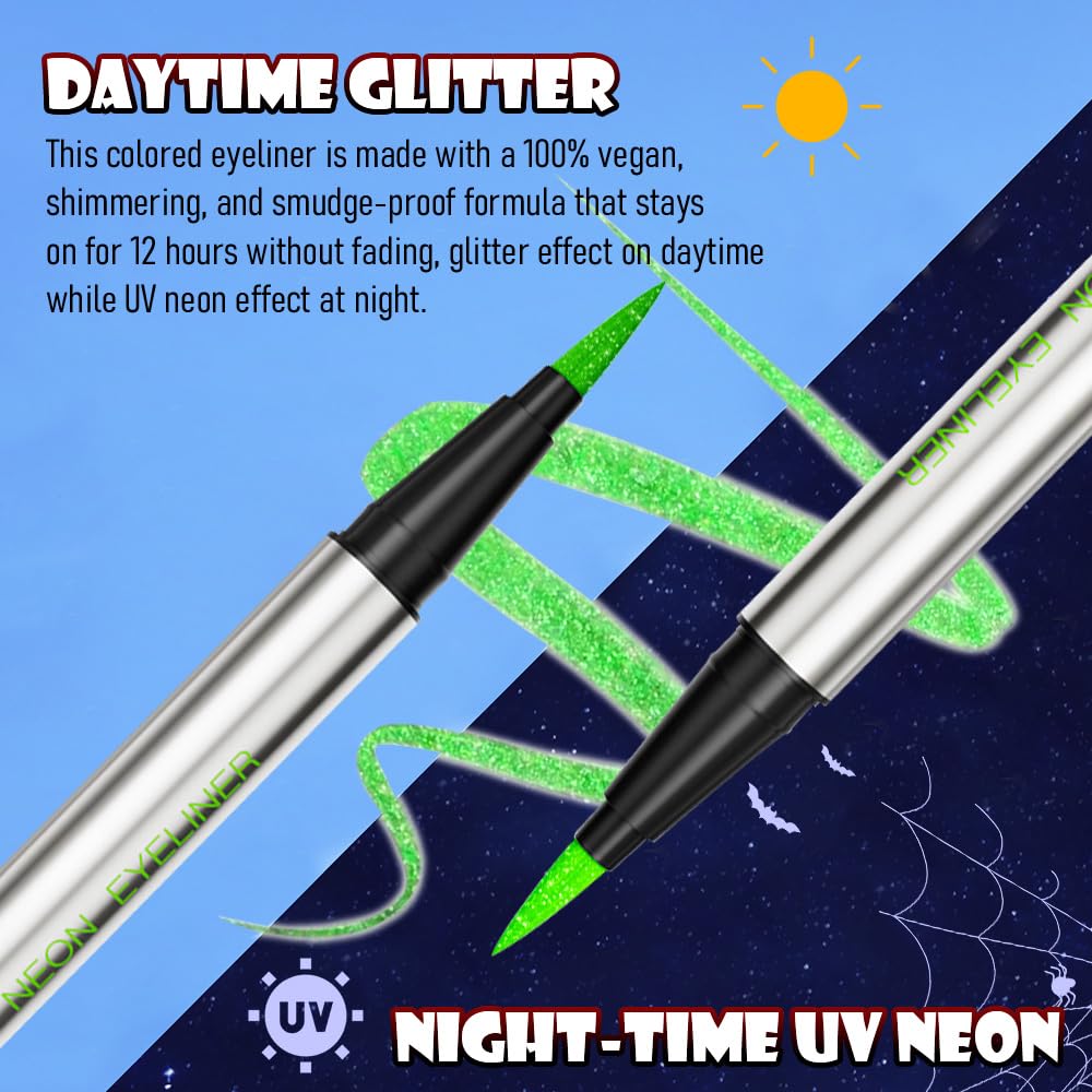 evpct Green Shimmer Eyeliner UV Neon Gel Eyeliner Pencil Makeup, Rainbow Halloween Colored Colorful Gel Eye Liner Pen Glow in Dark Makeup, Long Lasting Waterproof Eyeliners for Face Body Painting