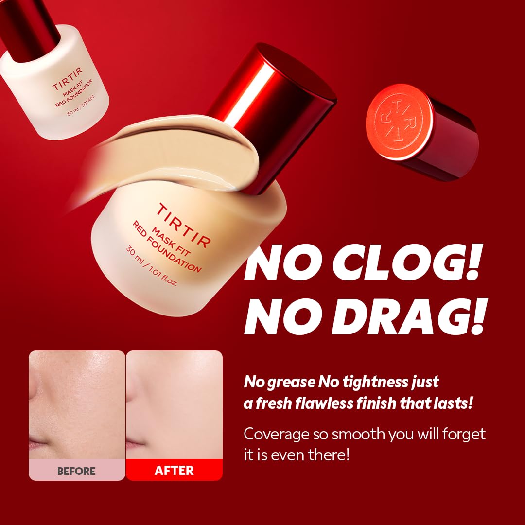 TIRTIR Mask Fit Red FoundationㅣLong Lasting Flawless Coverage, Energy Essence, Lightweight, Hydrating, Pore-Blurring, Breathable Satin Finish, Makeup, Radiant Skin, #43N Deep Cocoa, 1.01 Fl Oz