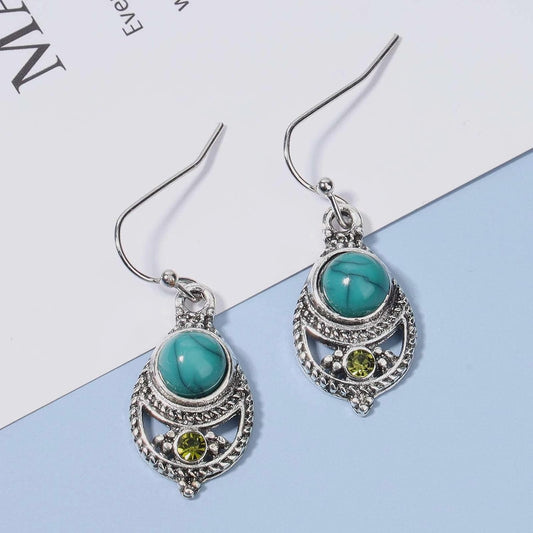 Boho Ethnic Turquoise Drop Earrings Silver Teardrop Turquoise Earrings Gemstone Hook Earrings Retro Drop Dangle Earrings Jewelry for Women and Girls