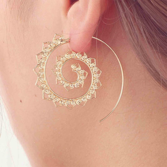 Bohemia Mandala Spiral Earrings Gold Vortex Gear Earrings Exaggerated Hoop Earrings Large Circular Swirl Earrings Indian Tribal Earrings Jewelry for Women and Girls