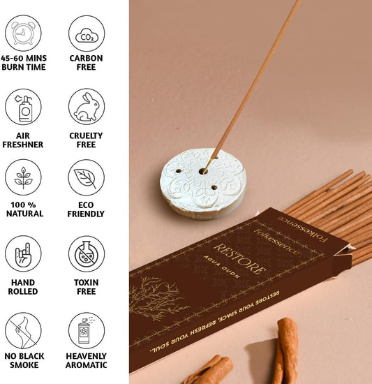 Folkulture Oud Incense Sticks | Set of 100 Insence-Sticks with Holder for Relaxation | Aqua Oudh Incense | Organic, Slow Burning & Non Toxic Inscents for Meditation | Oudh
