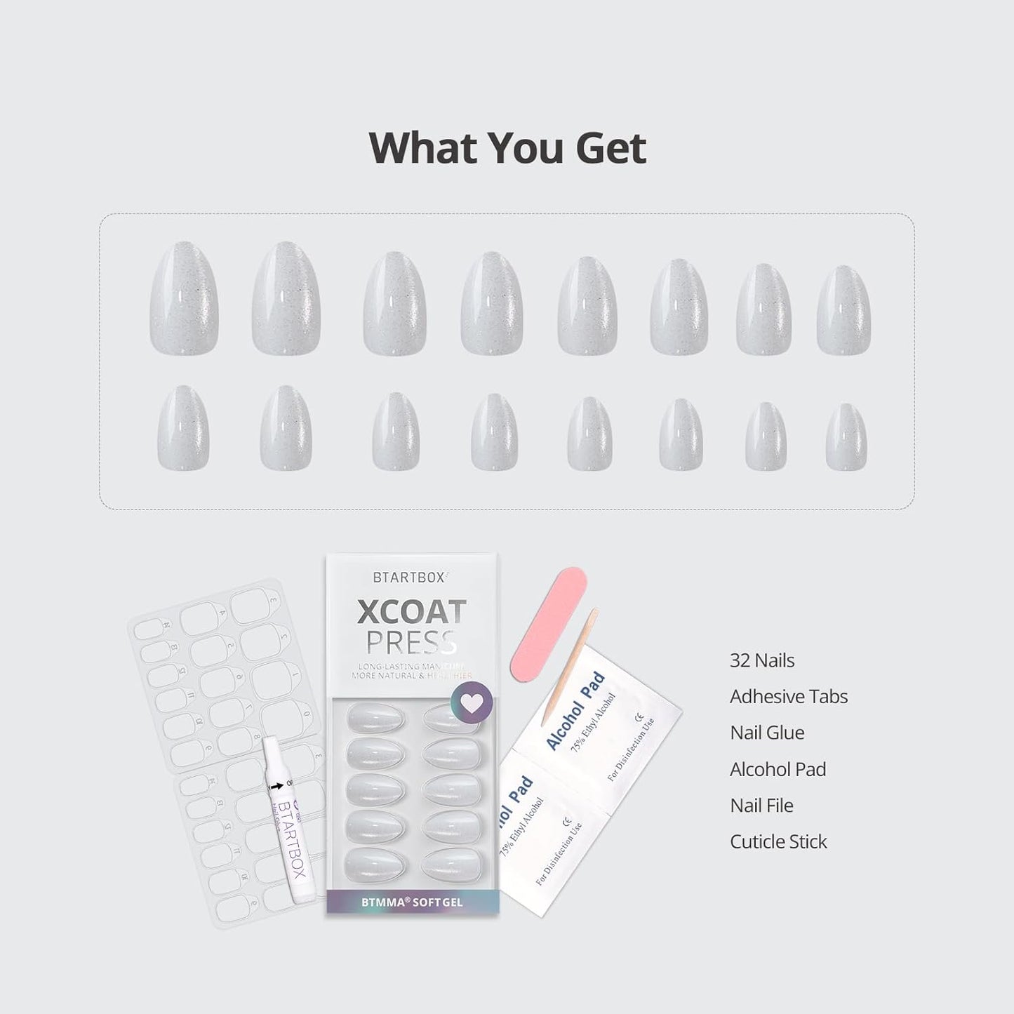 BTArtbox Press On Nails Short - Lamp-Curable White Cat Eye Almond Press On Nails with Glue for Women, Semi-Transparent Soft Gel Glue On Nails in 16 Sizes - 32 Stick On Nails Kit, Whitecaps