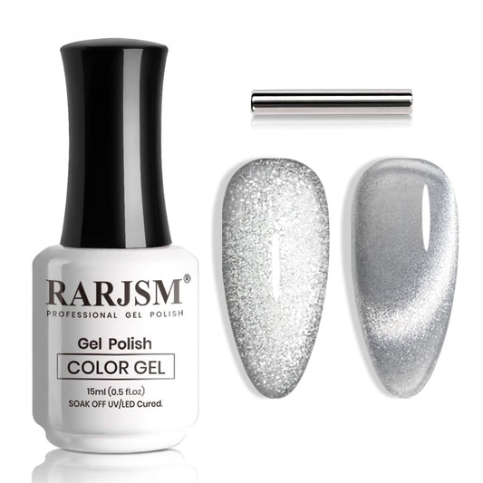 RARJSM Silver Cat Eye Gel Nail Polish 9D Cateye Galaxy Universal Glitter Shimmer Velvet Ice Gel Polish Single Bottle 15ml with Magnetic Stick UV LED Curing Requires Soak Off Home Salon DIY Manicure