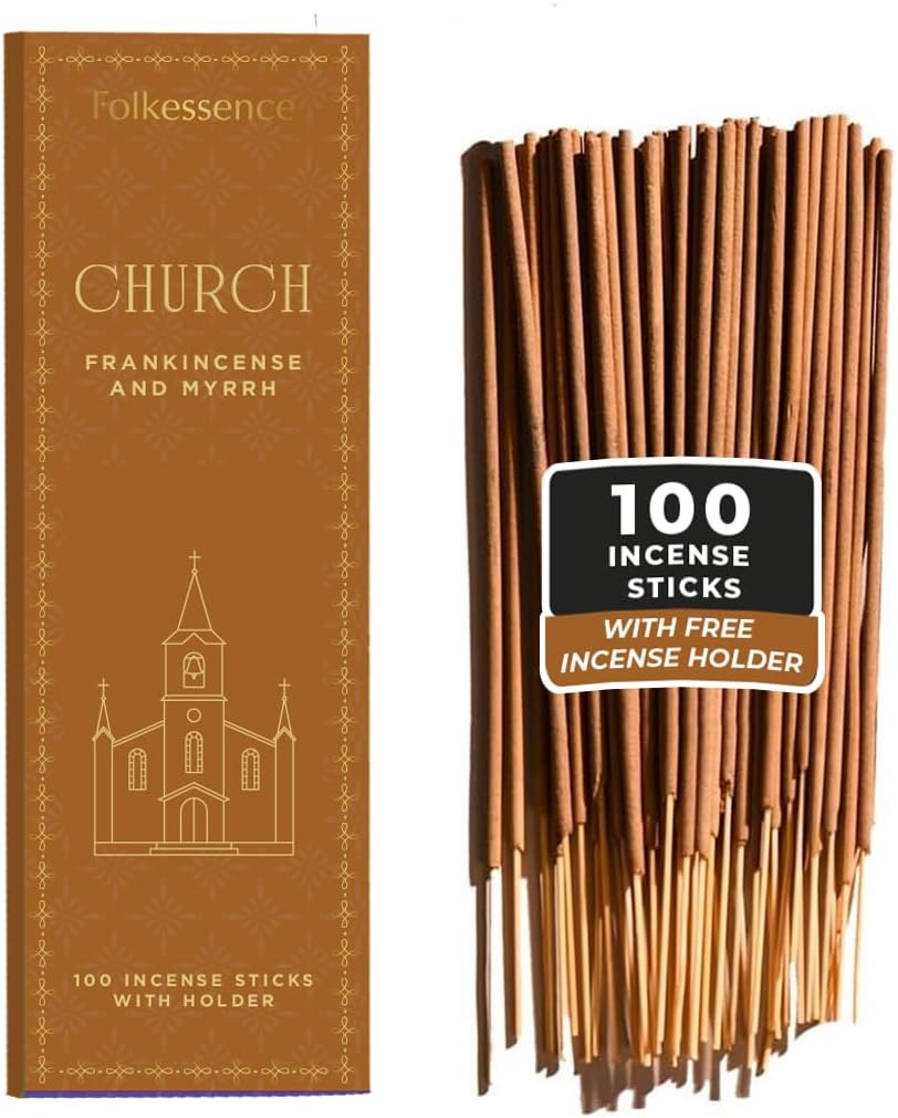 Folkulture Church Incense Sticks | Set of 100 Insence-Sticks with Holder for Relaxation | Frankincense & Myrrh Incense | Organic, Slow Burning & Non Toxic Inscents for Worship