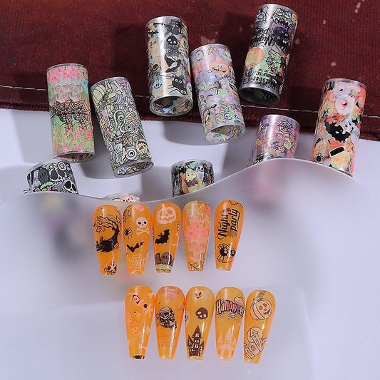 Halloween Nail Foil Transfer Stickers 10 Rolls Pumpkins Skull Nails Stickers Funny Purple Black Bat Nail Foils 1 Box Colorful Starry Sky Paper Nail Decals Halloween Nails Art Sticker Nails Art Decals