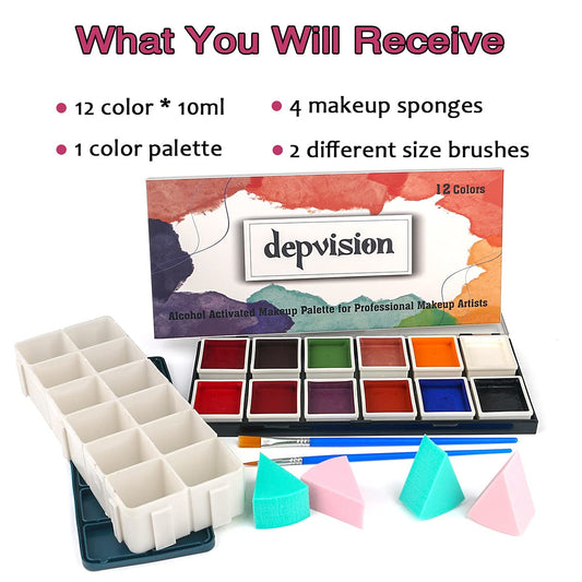 Depvision Alcohol Activated Face Paint SFX Makeup 12 color for Special Effects Wound Bruise Waterproof Professional Makeup Artist with Color Palette Sponges Brushes Skin Illustrator