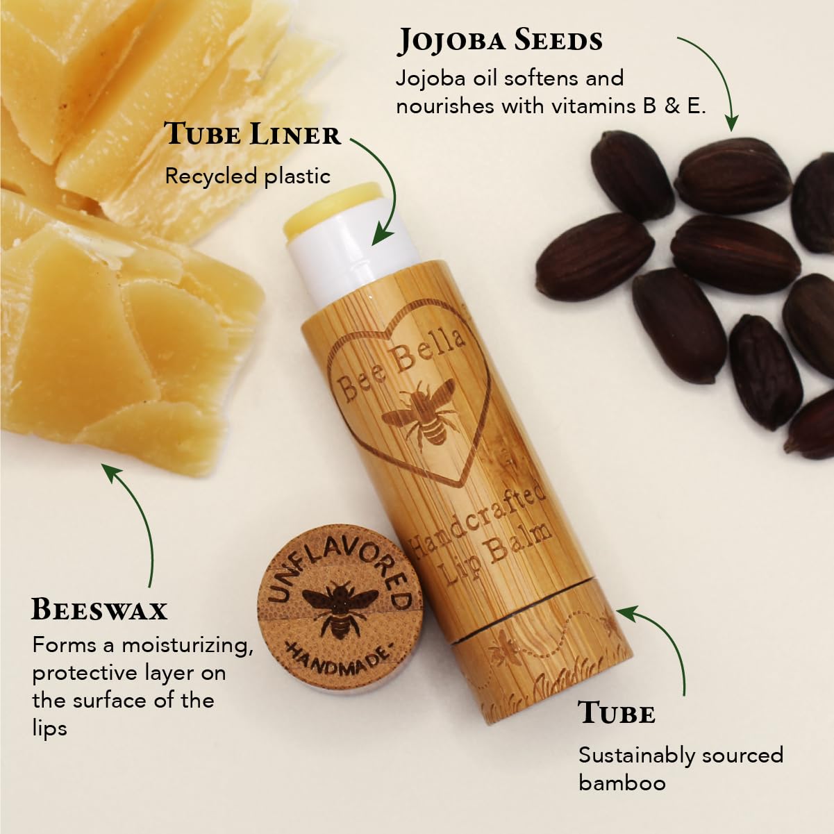 Bee Bella Lip Balm, Unscented (Unflavored), 3 Pack - Moisturizing Lip Care, 100% Natural, Original Organic Beeswax with Vitamin E, Handmade in USA