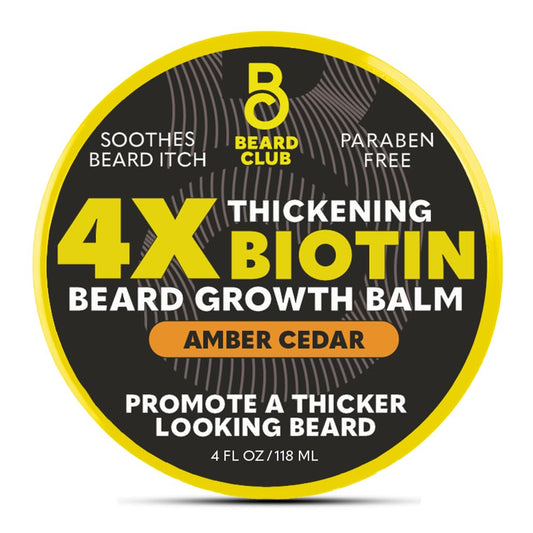 The Beard Club Biotin Beard Balm for Men - Beard Growth Shea Butter with Castor & Coconut Oil - Moisturizing, Hydrating and Softening Cream - Amber Cedar Scent - 4 oz