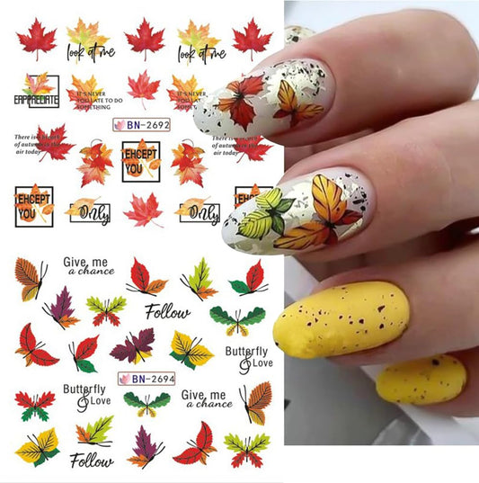 Fall Thanksgiving Nail Art Stickers Decals, 12 Sheets Maple Leaf Design Water Transfer Nail Decals Autumn Thanksgiving Nail Art Decoration Abstract Leaves Ginkgo Slider Nail Foils for Women DIY Supply