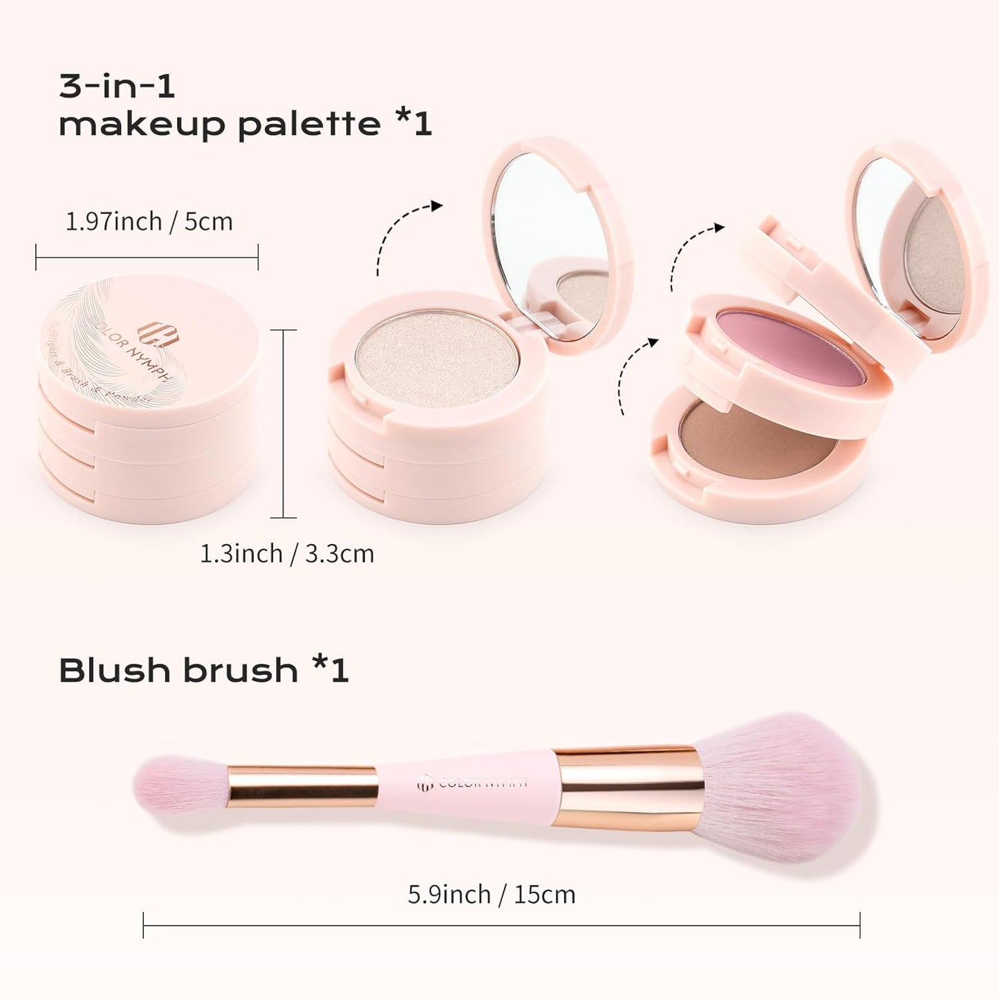 Color Nymph 3 Colors Contour Blush Highlighter Makeup Palette, Travel Size Make up Kit, Blush & Highlighter & Contour Powder Palette, Includes Brush and Mirror, Stacked Makeup Design （Pink）