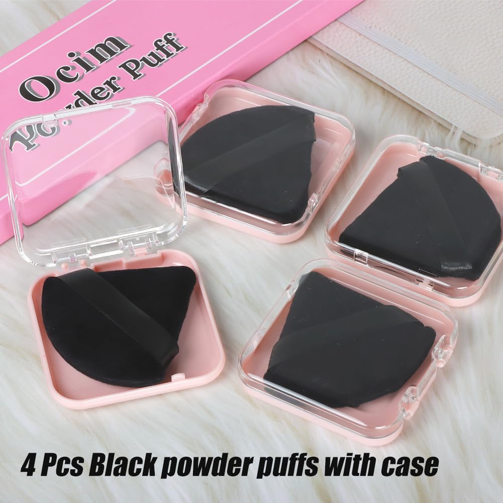 Ocim 4 Pcs Triangle Powder Puffs for Face Powder,Soft Velour Triangular Beauty Puff,Makeup Pressed, Baking & Setting Powder Sponge Applicator Pads with Case,black