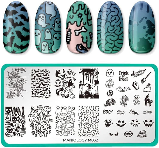 Maniology Creepy Cute Nail Stamping Plate Set, Halloween Plates Bundle (Fright Night (M032), Ghosted (M056), Bad to The Bone (M158), Halloween Treats (M248))