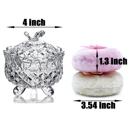 Luxury 4 Inch Glass Loose Powder Container with 2 Soft 3.5" Puffs｜Non-Sealed Refillable Organizer Storage for Body Powder Makeup & Jewelry & Setting Applicator(Butterfly-Clear)