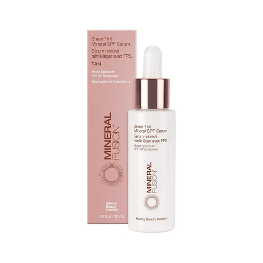 Mineral Fusion Face Serum, Sheer Tint Mineral SPF Serum, 1 Fl Oz, Tan, Tinted Broad Spectrum SPF 50 Mineral Sunscreen, Sheer Coverage, Lightweight & Dewy Finish for Glowing, Protected Skin