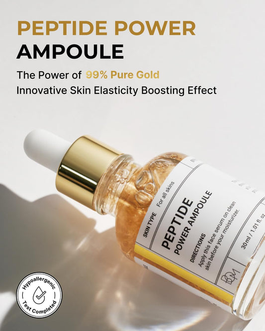 BOM COSMETICS Peptide Power Ampoule 1.01 Fl Oz, Penta-Peptide with 24k Gold Thread and 99% Pure Gold for Skin Collagen Boost, Firming Serum to Improve Elasticity and Radiance, Korean Skin Care