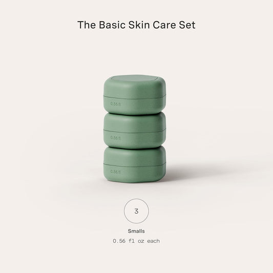 Cadence Travel Containers Basic Skincare Set - Magnetic Containers with Lids,Carry On Travel Essentials For Women/Men - 3 Small Capsules (0.56oz) - Cleanser, Moisturizer & Sun-Icon Labels - Eucalyptus