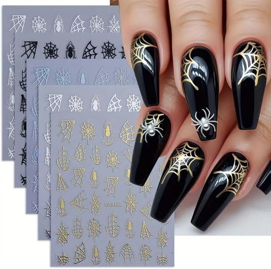 5 Sheets Halloween Spider Web Nail Stickers for Nail Art 3D Self-Adhesive Spider Web Nail Art Stickers White Black Silver Laser Gold Spider Nail Decals Holiday Nail Design Supplies for Women