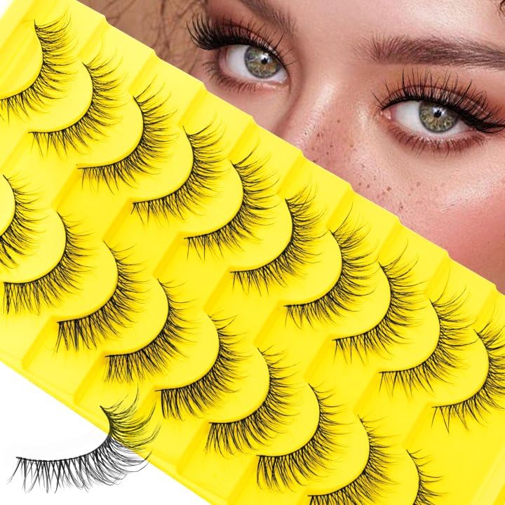 False Eyelashes Natural Look Cat Eye Lashes Wear Comfortable Black Fake Lashes with Thin Band, Pack 10 Pairs, BY004 FADLASH