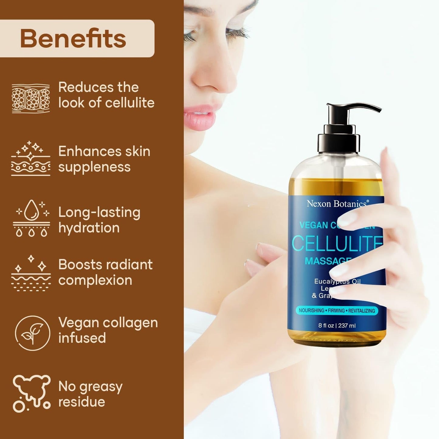 Anti-Cellulite Massage Oil for Massage Therapy 8 fl oz - Refreshing and Relaxing - Natural Oils with Vegan Collagen and Stem Cells - for Men and Women - Nexon Botanics