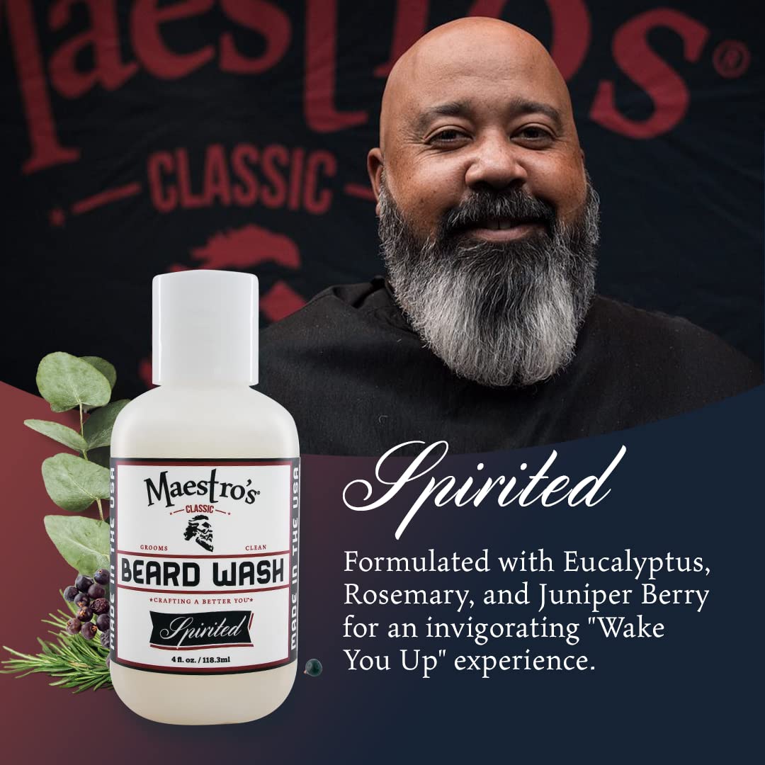 Maestro's Classic BEARD WASH | Anti-Itch, Deep Cleaning, Non-Drying, Fully Hydrating Gentle Cleanser For All Beard Types & Lengths- Spirited blend, 4 Ounce