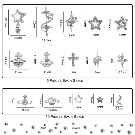 120+ Pcs Star Nail Charms Inlaid Rhinestones Gems, Silver Star Planet Cross Nail Art Decorations Shiny Jewelry for Acrylic Nail Accessories for Women Girl Manicure DlY Crafts Supplies