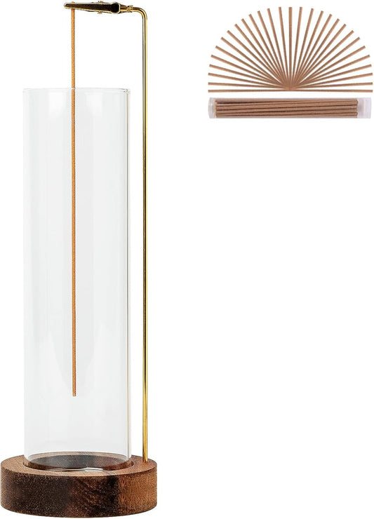 Incense Holder for Sticks, Anti-Ash Flying Incense Burner with 30 Incense Sticks, Detachable Glass Ash Catcher (Wood, Brown)