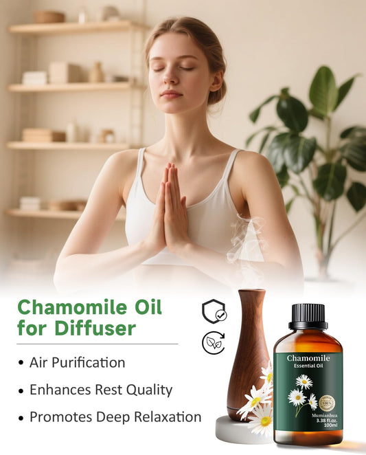 Chamomile Essential Oil Pure, Mumianhua Natural Chamomile Oil Therapeutic Grade Aromatherapy Oil for Skin, Diffuser, Aromatherapy, Candle Making, Soap Making, Hair 3.38 Fl Oz