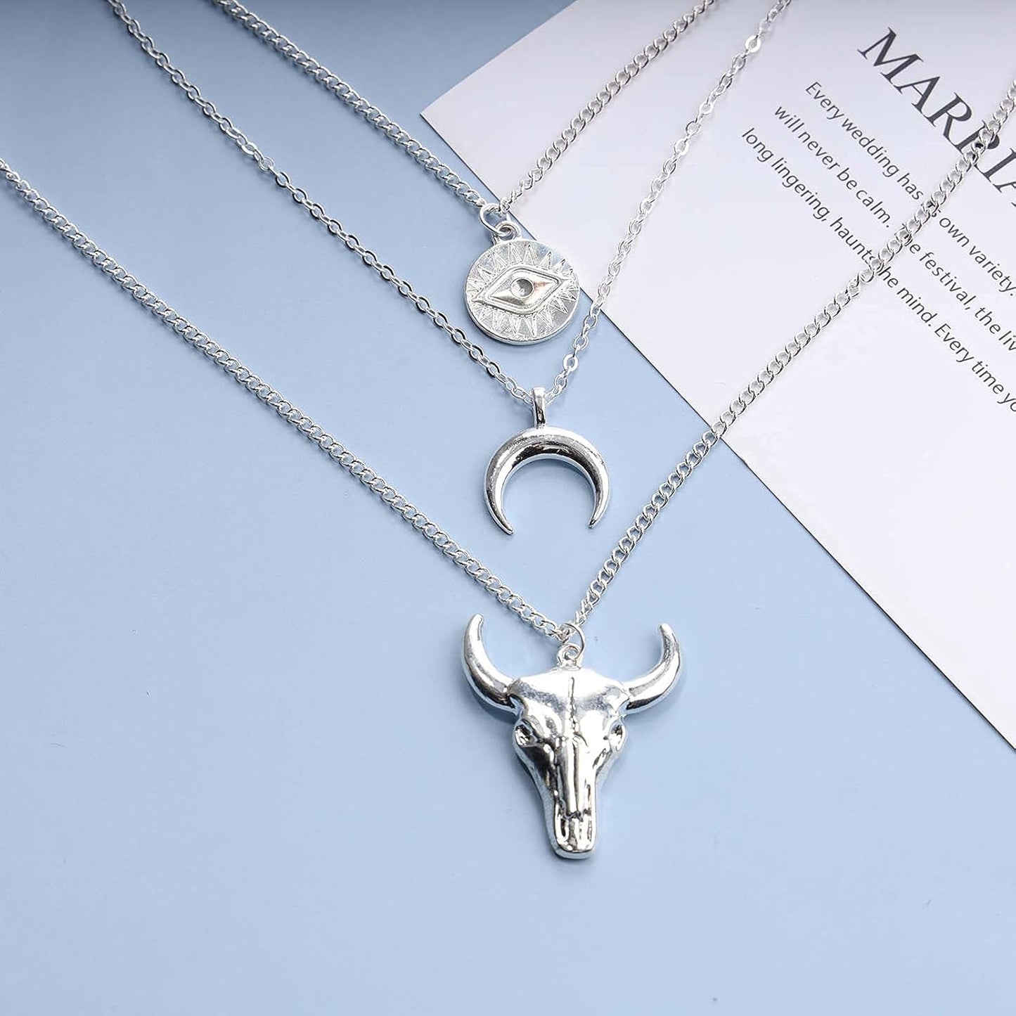 Boho Layered Moon Necklace Silver Compass Disc Pendant Necklace Chain Cow Evil Eye Charm Necklace Jewelry for Women