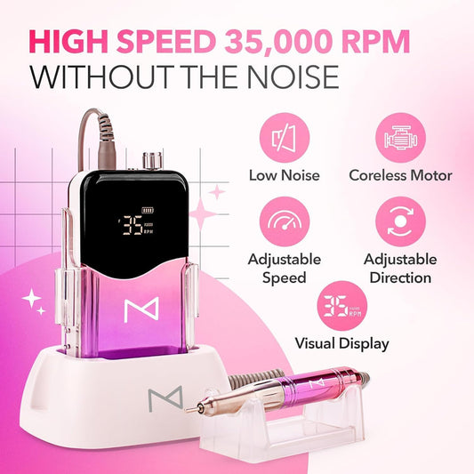 M Mase- Professional Nail Drill Machine - Coreless 2-in-1 Nail File - Electric, Cordless, 35000 RPM, HD Display - Electric Nail Drill for Professional & Home Use (Rose Gold)