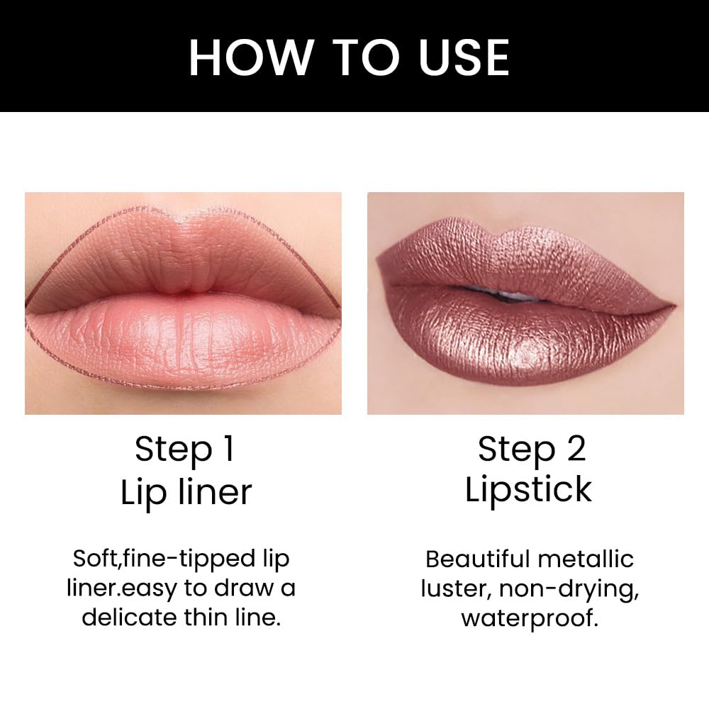 Kaely 2-in-1 Nude Brown Metallic Shine Shimmer Lip Liner & Lipstick Combo Set Kit for Women, Lightweight Hydrating Formula High Impact Full Coverage Lipstick and Lip Liner Makeup Gloss 18