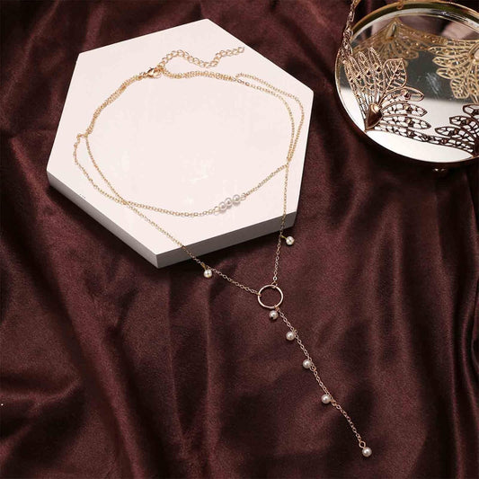 Boho Circle Pearl Lariat Necklace Gold Long Lariat Chain Necklace Tiny Pearl Choker Necklace Drop Pearl Chain Y Necklace Jewelry for Women and Girls Gifts